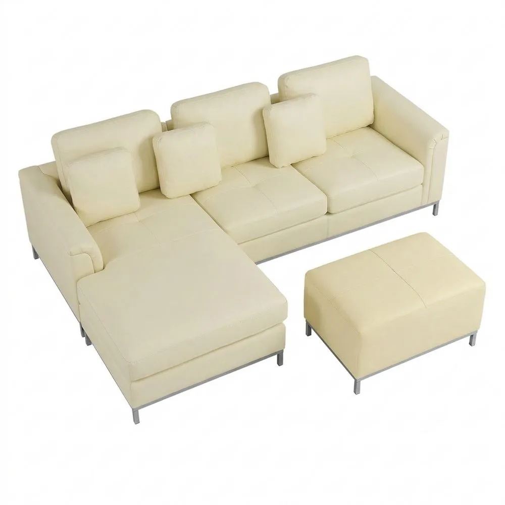 Sofá Esquinero Tapizado en Cuero Beige con Otomana en L