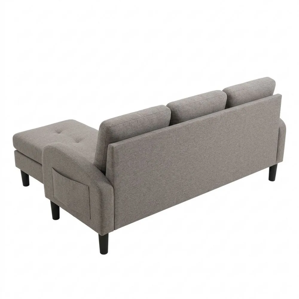Sofá Esquinero con Chaise Longue, Tapizado en Lino, Color Gris