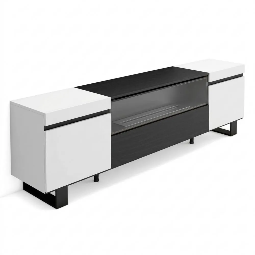 Mueble de TV con Chimenea Eléctrica, Diseño Industrial, 200x57x35cm, Negro y Blanco