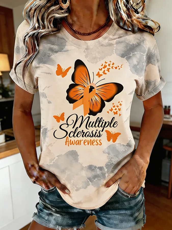 Women's Multiple Sclerosis Awareness Butterfly Ribbon Print Tie-Dye T-Shirt
