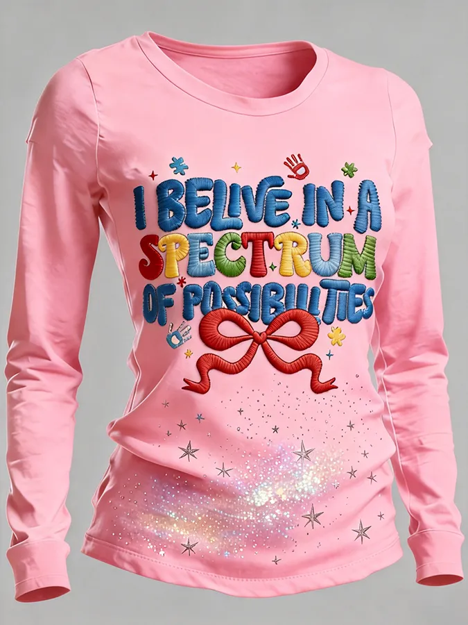 Women's I Believe In A Spectrum Of Possibilities Bow Star Embroidered Long Sleeve T-Shirt Women's I Believe In A Spectr