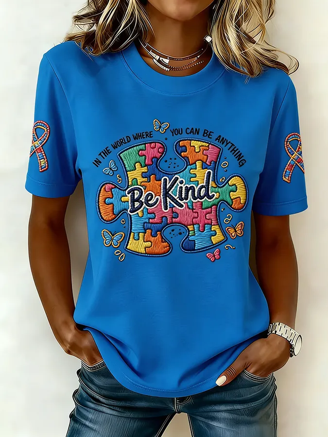 Ladies' Leisure Attention To Autism, Acceptance, Understanding, Love, Public Welfare, Printed Gradient Round Neck T-Shir