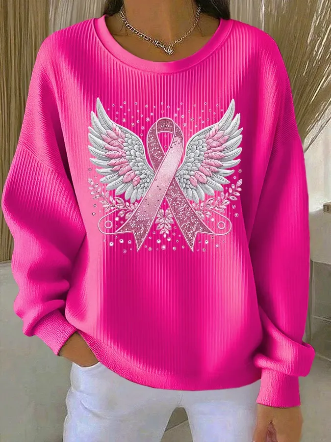 Women's Casual Pink Ribbon Wings Textured Sweatshirt