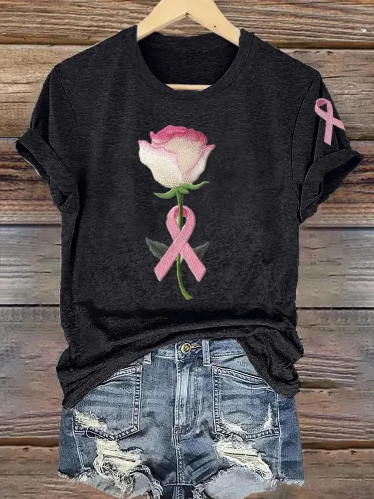 Women's Pink Breast Cancer Floral Print T-Shirt