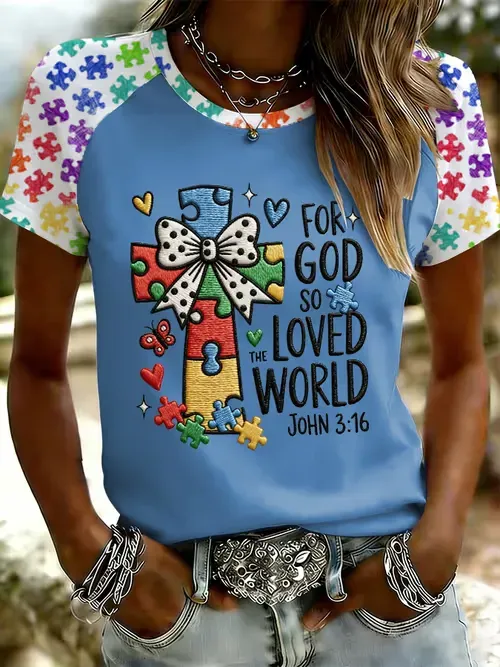 Women's For God So Loved The World Autism Awareness Print Raglan Sleeve T-Shirt