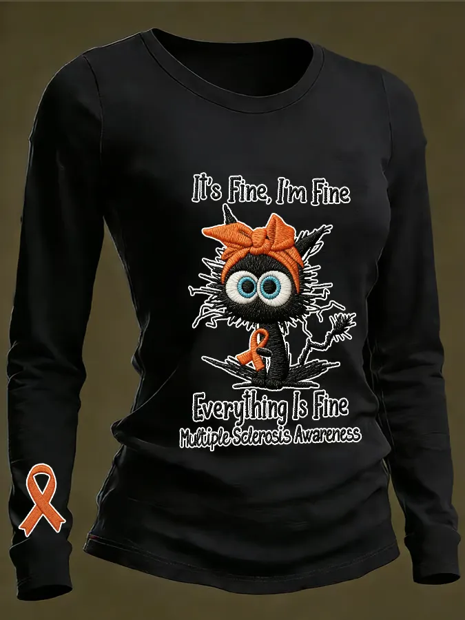 Women's Retro Funny Black Cat Its Fine I'm Fine Multiple Sclerosis Print Shirt Women's Retro Funny Black Cat Its Fine I