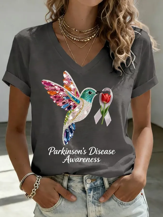 Women's Parkinson's Disease Awareness Print V Neck T-shirt 