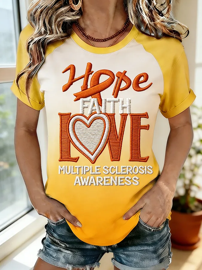 Hope Faith Love Multiple Sclerosis Awareness Embroidered Raglan T-Shirt