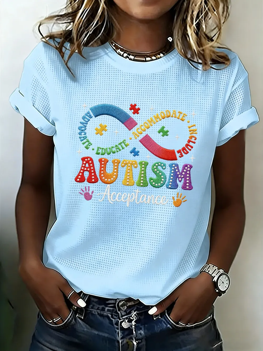 Women's Casual Autism Awareness Printed Short-Sleeve T-Shirt