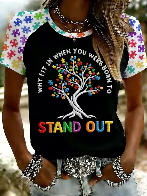 Women's Why Fit In When You Were Born To Stand Out Print Raglan Sleeve T-Shirt
