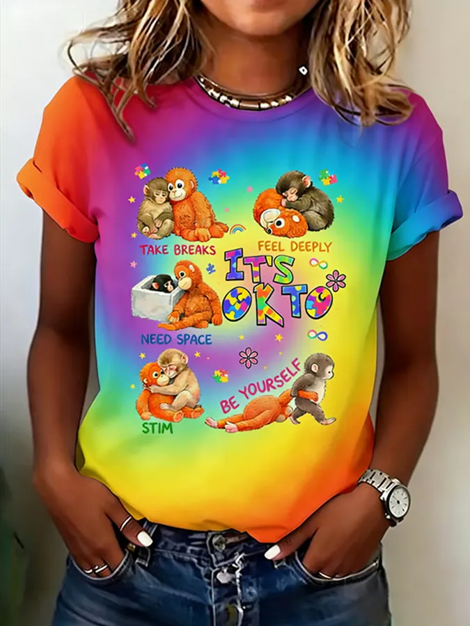 Ladies' Leisure Attention To Autism, Acceptance, Understanding, Love, Public Welfare, Printed Gradient Round Neck T-Shir
