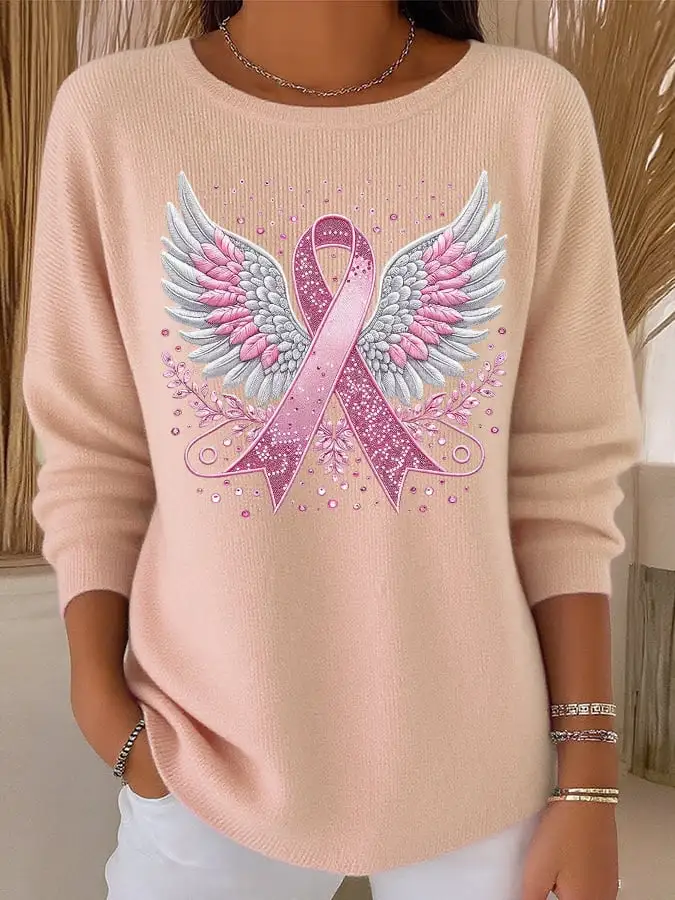 Women's Casual Breast Cancer Pink Ribbon Wings Knit Top