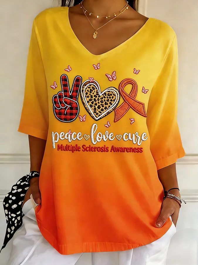 Women's Peace Love Cure Multiple Sclerosis Awareness Embroidered V-Neck T-Shirt Women's Peace Love Cure Multiple Sclero