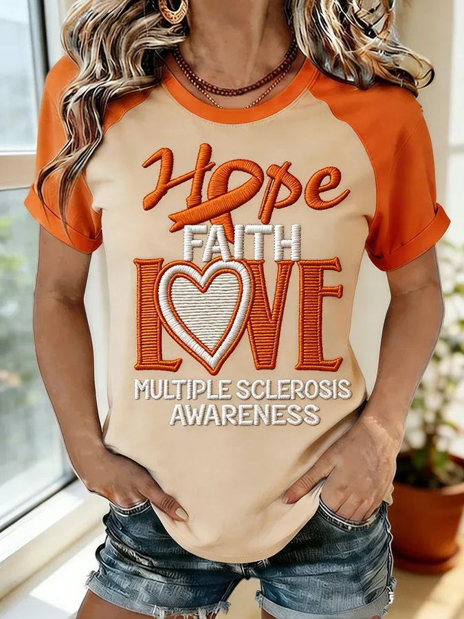 Hope Faith Love Multiple Sclerosis Awareness Embroidered Raglan T-Shirt