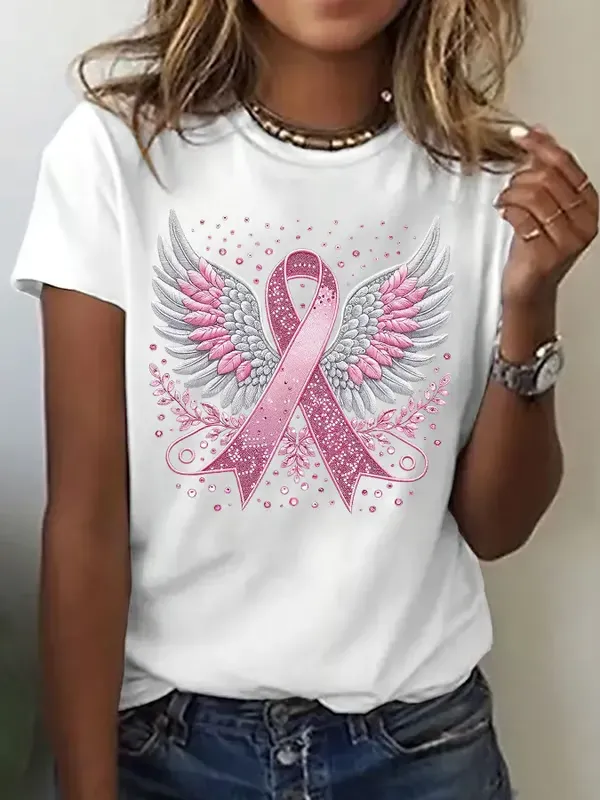 Women's Casual Pink Ribbon Wings T-Shirt