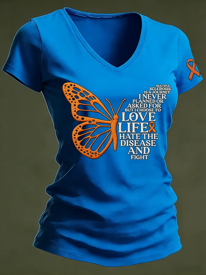 Women's MS Warrior Butterfly Multiple Sclerosis Awareness Print V Neck T-shirt Women's MS Warrior Butterfly Multiple Sc