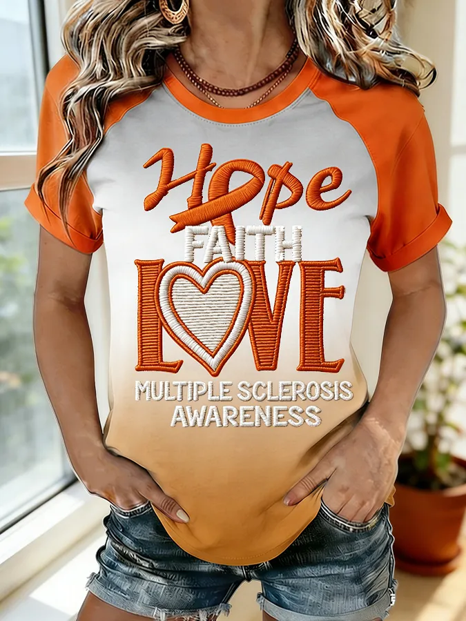 Hope Faith Love Multiple Sclerosis Awareness Embroidered Raglan T-Shirt