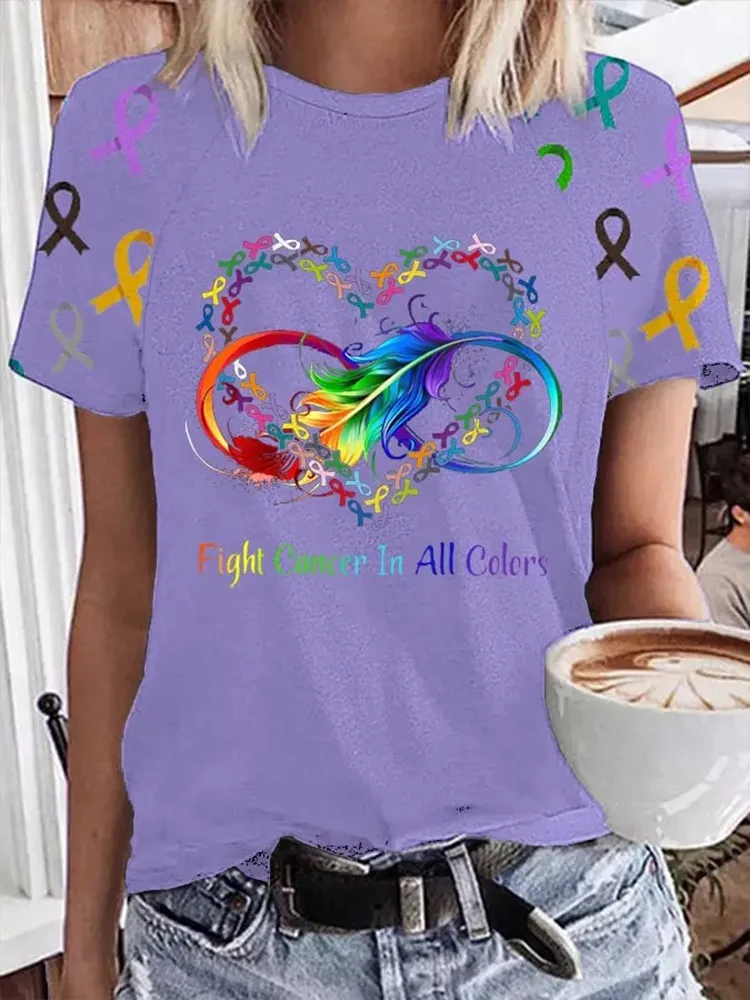 Women's Fight Cancer In All Colors Print Casual Tee Women's Fight Cancer In All Colors Print Casual Tee Women's Fight C