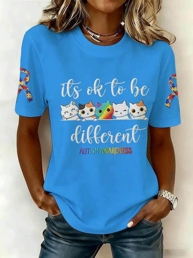 Ladies' Leisure Attention To Autism, Acceptance, Understanding, Love, Public Welfare Printed Round Neck T-Shirt