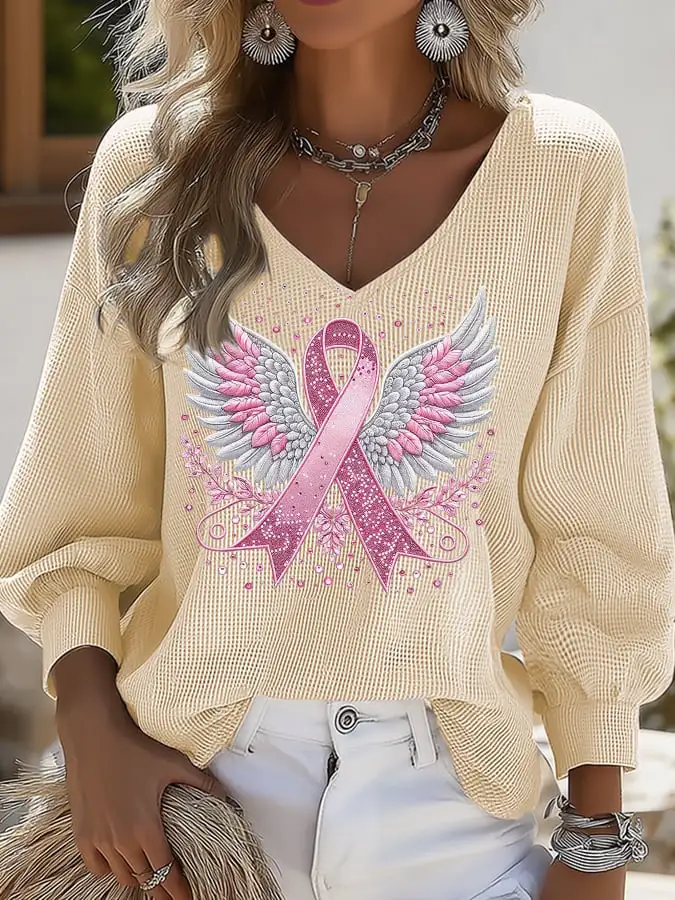 Women's Casual Pink Ribbon Wings Waffle Puff Sleeve Top