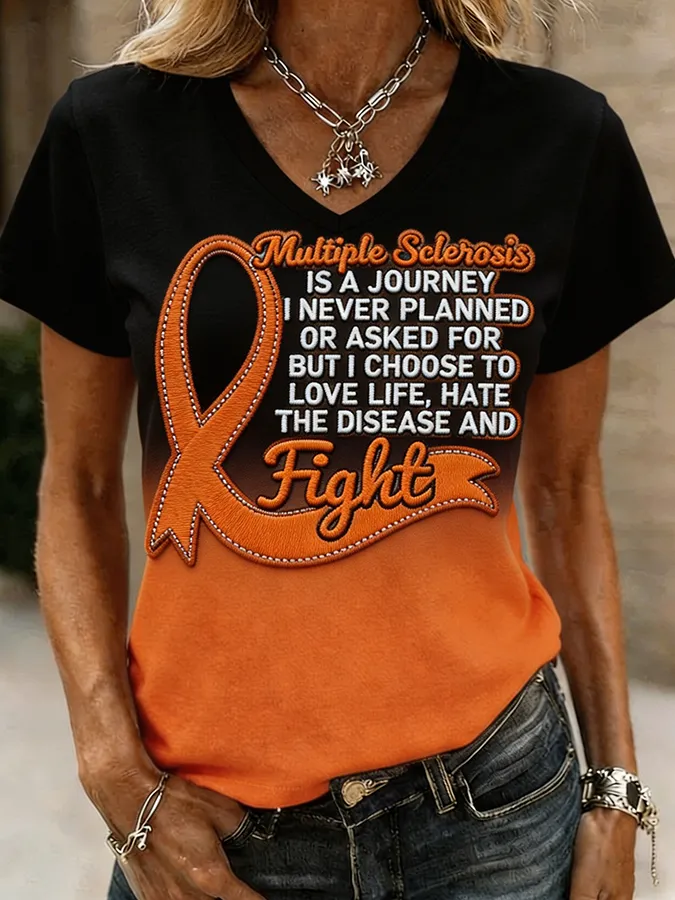 Multiple Sclerosis Is A Journey I Choose To Fight Orange Ribbon Embroidered Ombre T-Shirt