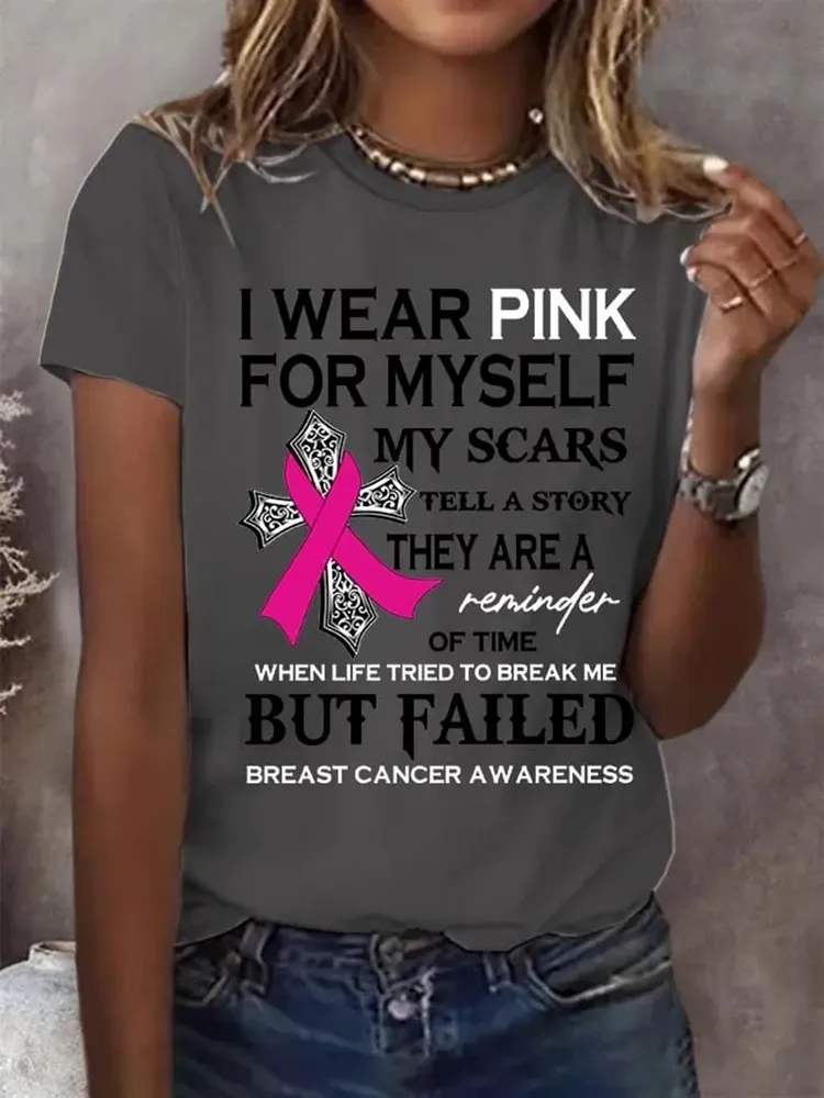 Women'S I Wear Pink For Myself My Scars Tell A Story Round Neck T-Shirt