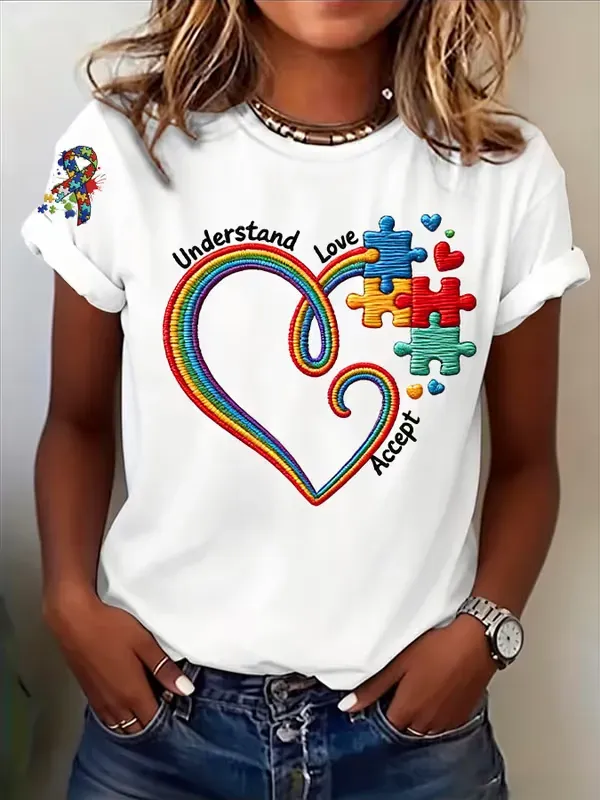 Women's Retro Understand Love Accept Autism Awareness Printed T-Shirt