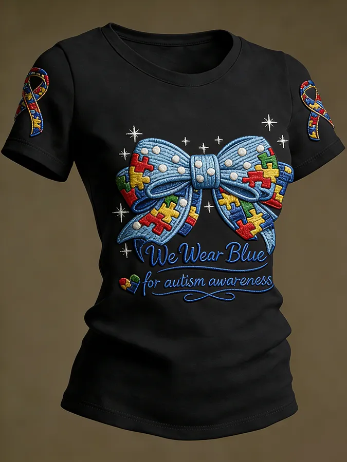 Ladies' Leisure Attention To Autism, Acceptance, Understanding, Love, Public Welfare, Printed Gradient Round Neck T-Shir