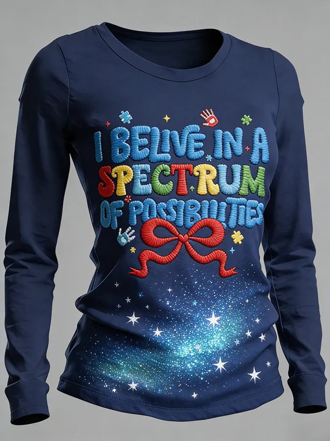 Women's I Believe In A Spectrum Of Possibilities Bow Star Embroidered Long Sleeve T-Shirt Women's I Believe In A Spectr
