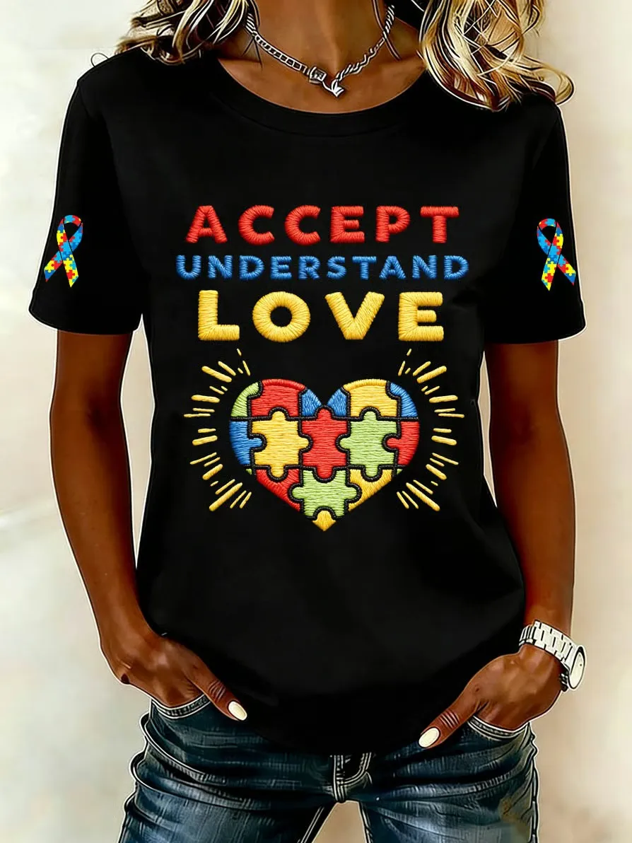 Cotton Accept Understand Love Autism Awareness T-Shirt with Puzzle Heart Design