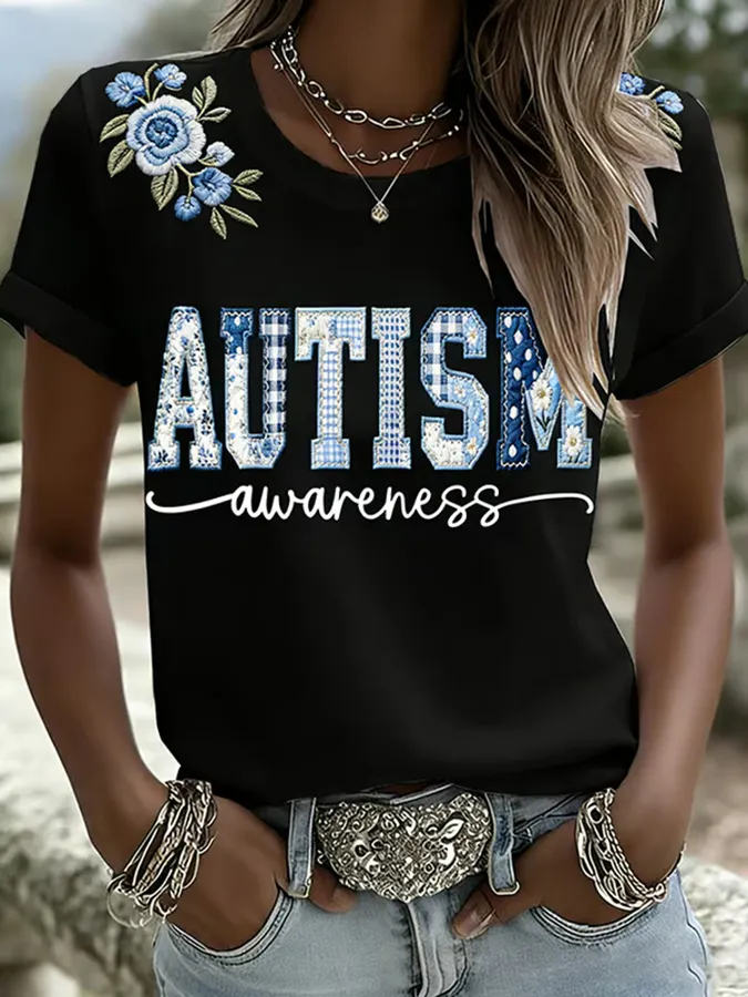 Ladies' Leisure Attention To Autism, Acceptance, Understanding, Love, Public Welfare, Printed Gradient Round Neck T-Shir