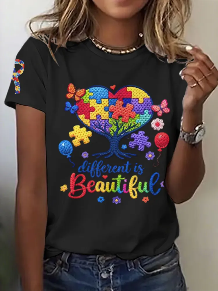 Ladies' Leisure Attention To Autism, Acceptance, Understanding, Love, Public Welfare Printed Round Neck T-Shirt