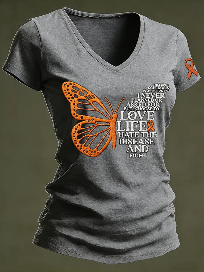 Women's MS Warrior Butterfly Multiple Sclerosis Awareness Print V Neck T-shirt Women's MS Warrior Butterfly Multiple Sc