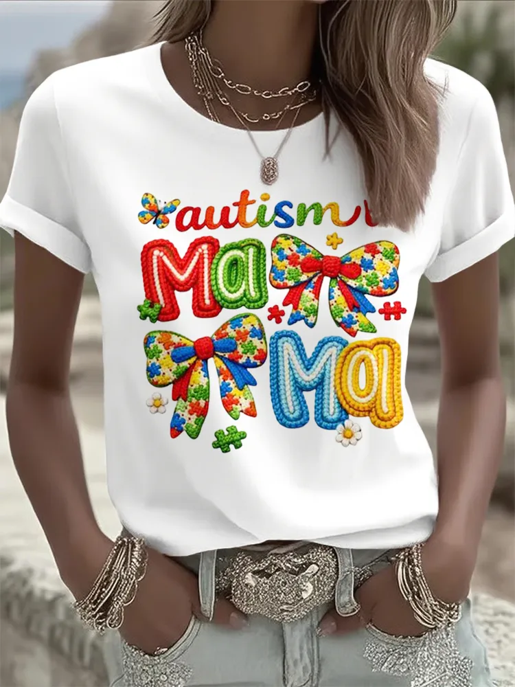 Ladies' Leisure Attention To Autism, Acceptance, Understanding, Love, Public Welfare Printed Round Neck T-Shirt Ladies'