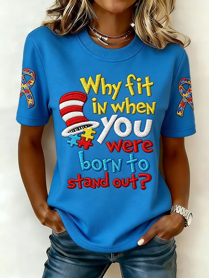 Ladies' Leisure Attention To Autism, Acceptance, Understanding, Love, Public Welfare, Printed Gradient Round Neck T-Shir