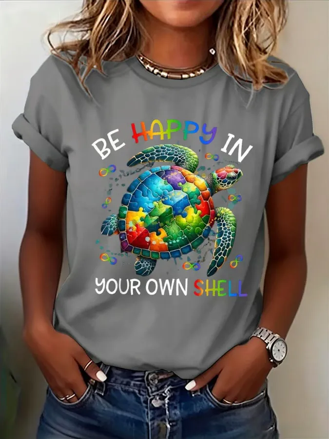Women's Autism Awareness Be Happy In Your Own Shell Printed Casual T-shirt