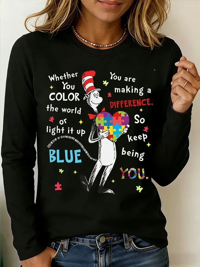 Women's Casual Autism Awareness Printed Long-Sleeve T-Shirt