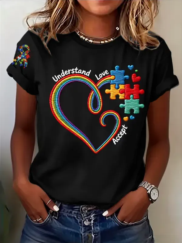 Women's Retro Understand Love Accept Autism Awareness Printed T-Shirt