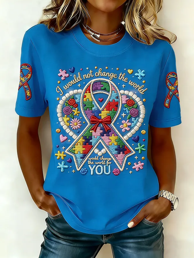 Ladies' Leisure Attention To Autism, Acceptance, Understanding, Love, Public Welfare, Printed Gradient Round Neck T-Shir