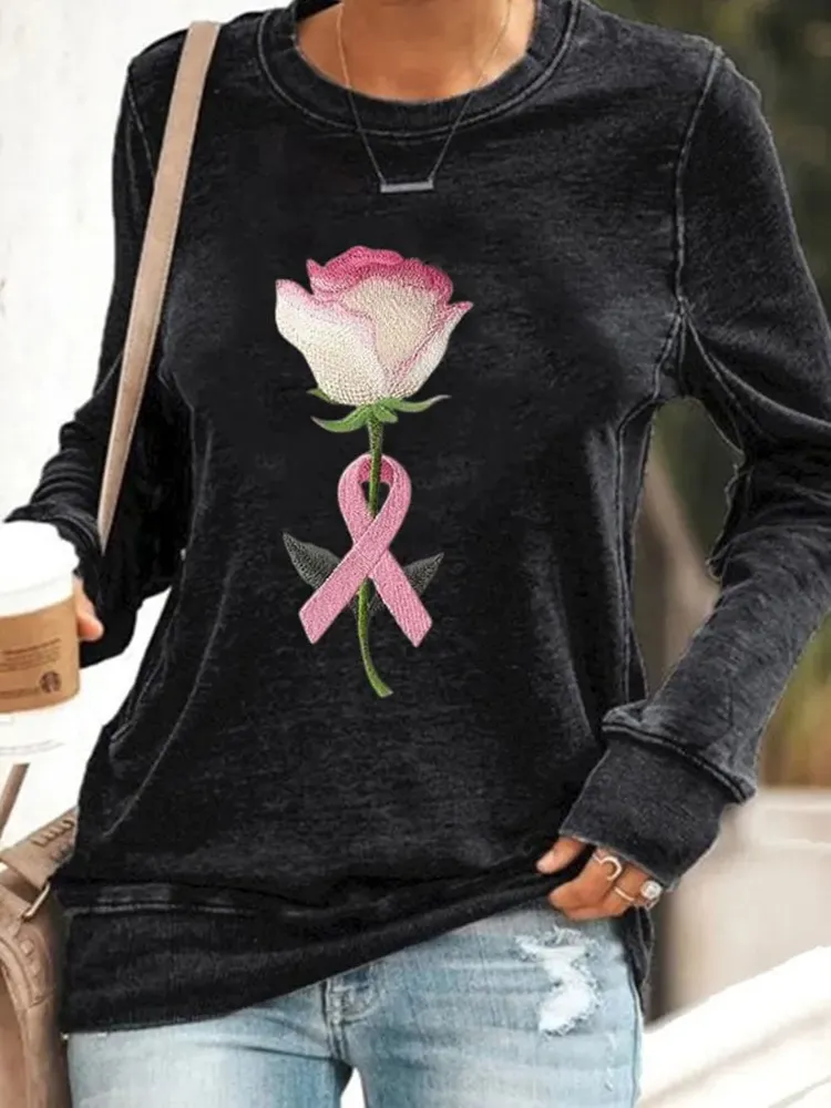 Women's Rose With Pink Ribbon Embroidered Printed Sweatshirt