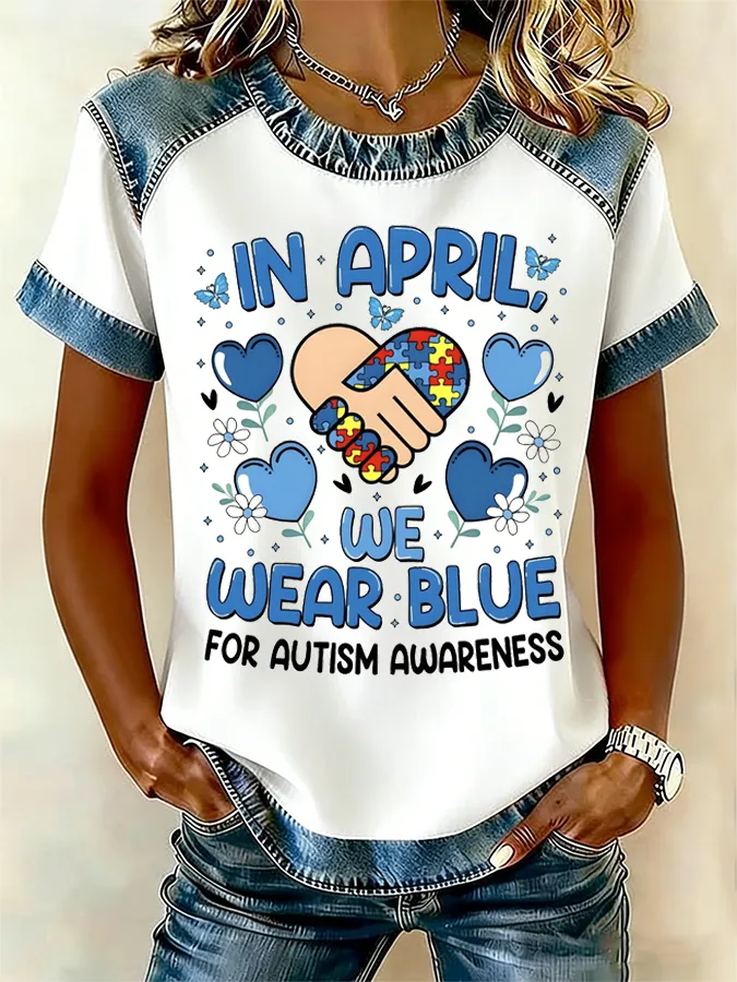 Women's In April We Wear Blue For Autism Awareness Handshake Puzzle Denim Patchwork T-Shirt