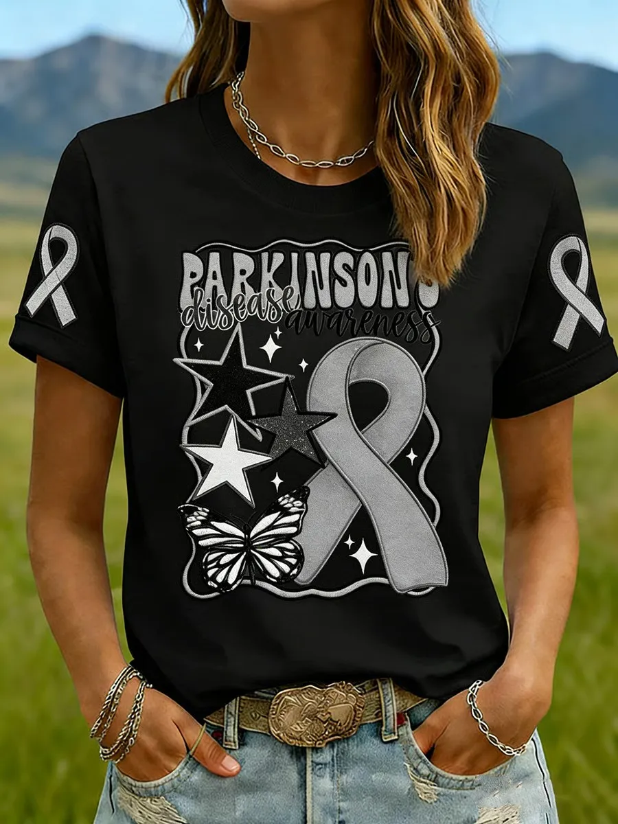 Parkinson's Disease Awareness T-Shirt Silver Ribbon Support Tee