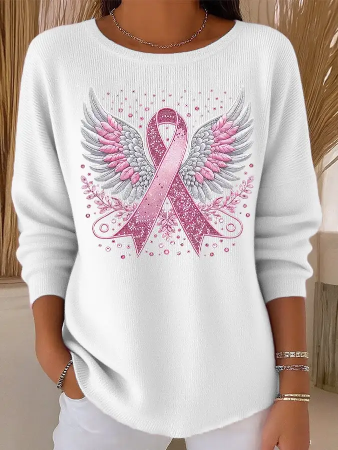 Women's Casual Breast Cancer Pink Ribbon Wings Knit Top