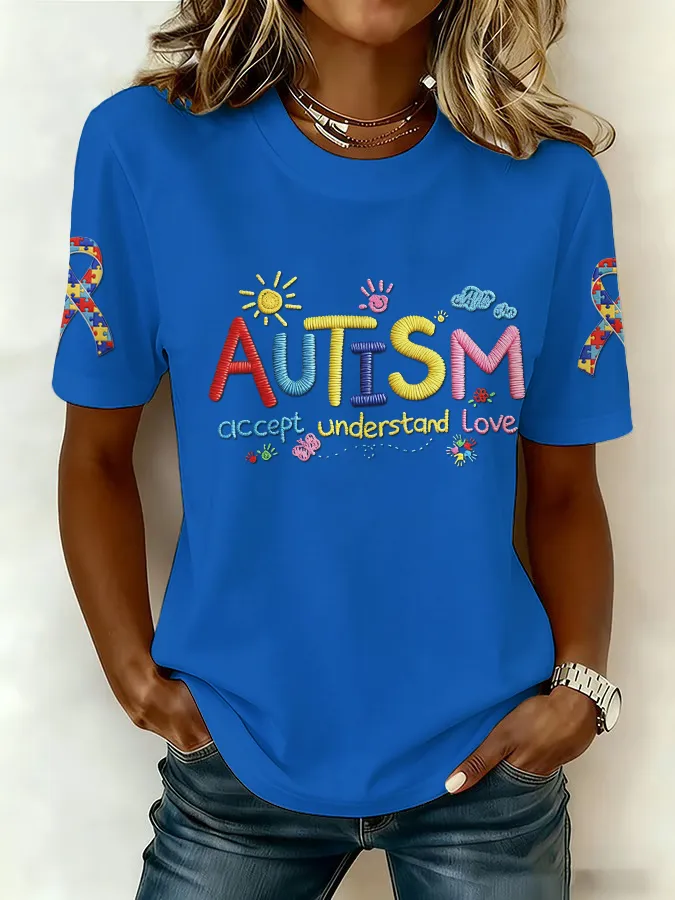 Ladies' Leisure Attention To Autism, Acceptance, Understanding, Love, Public Welfare Printed Round Neck T-Shirt Ladies'