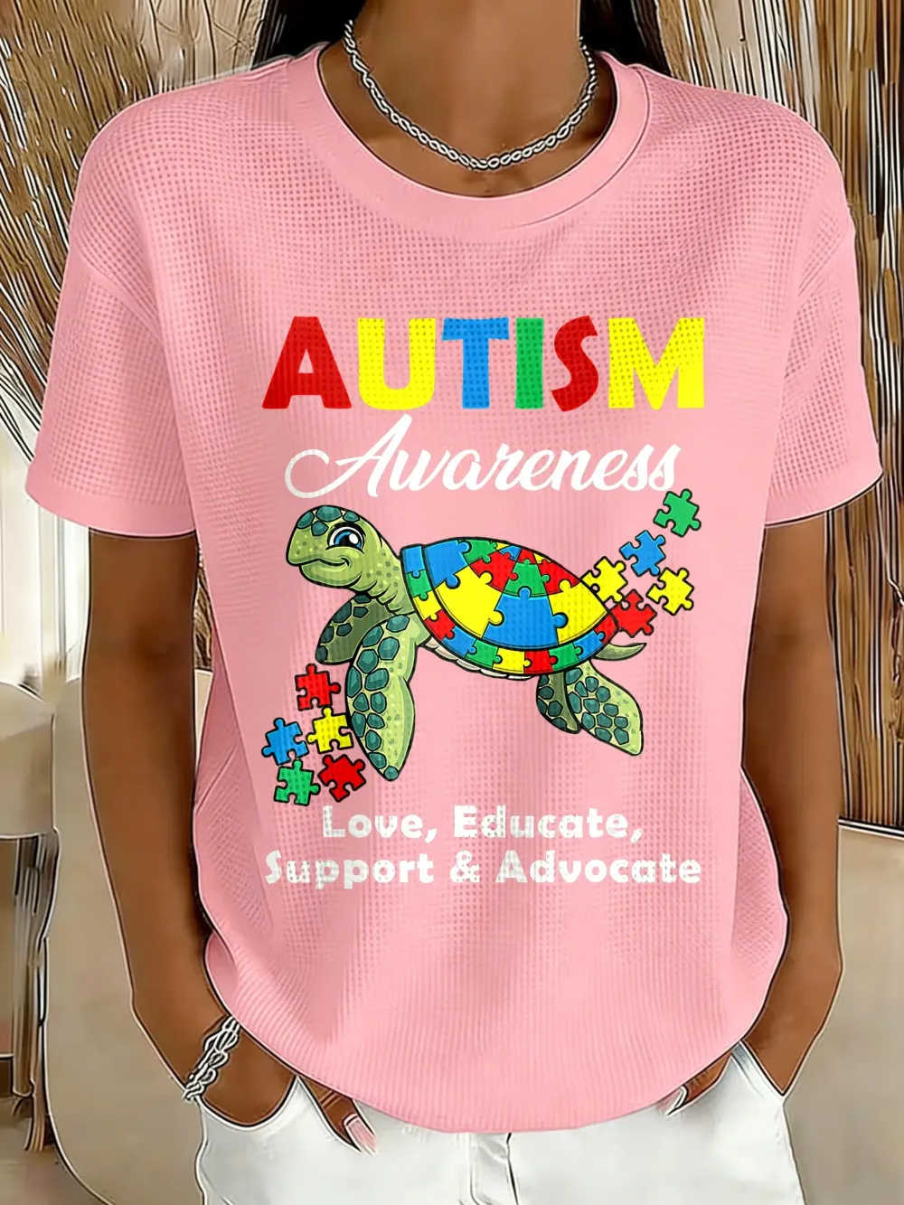 Women's Sea Turtle Autism Awareness Printed Short-Sleeved T-Shirt