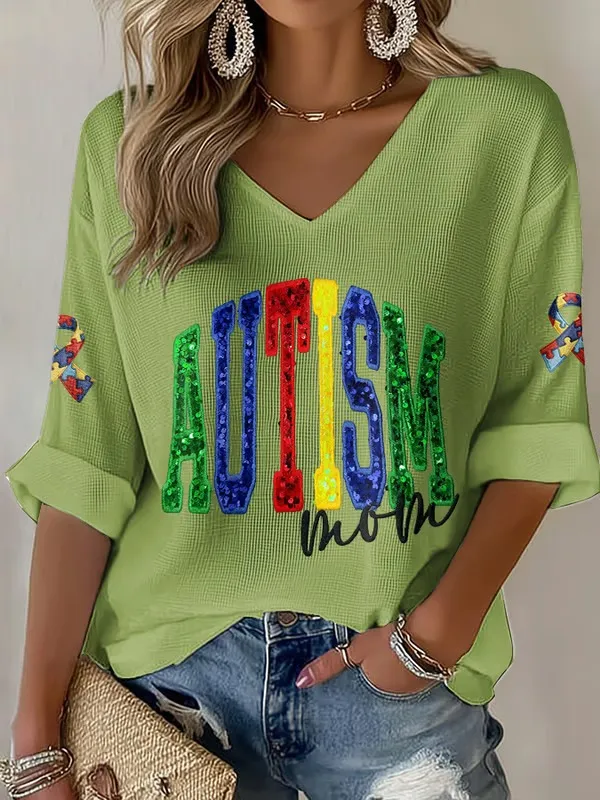 Women's Autism Awareness Print V Neck Top