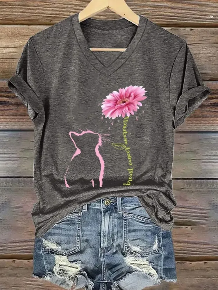 V-neck Retro Breast Cancer Awareness Cat Barberton Daisy Print T-Shirt