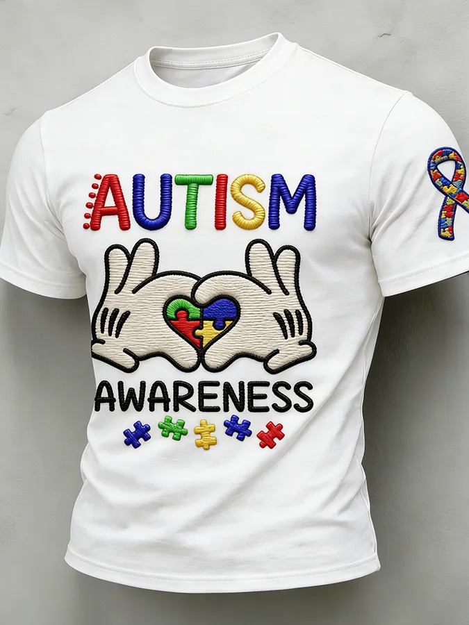 Men'S Leisure Attention Autism Reception Understanding Love Public Welfare Printed Round Neck T-Shirt