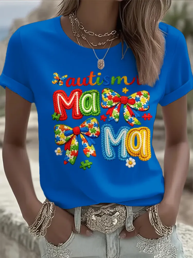 Ladies' Leisure Attention To Autism, Acceptance, Understanding, Love, Public Welfare Printed Round Neck T-Shirt Ladies'
