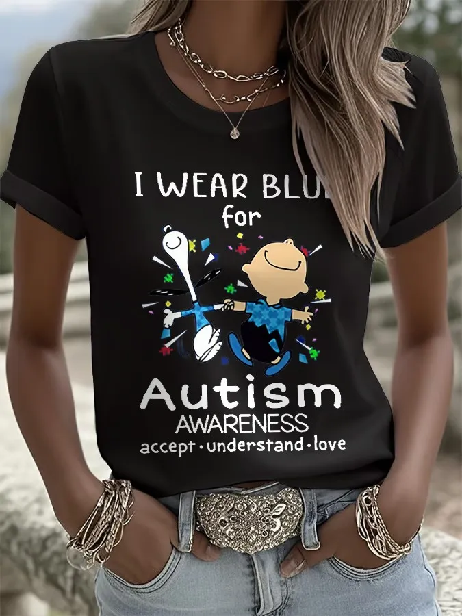 Retro Autism Awareness I Wear Blue For Autism Accept, Understand, Love Print T-Shirt